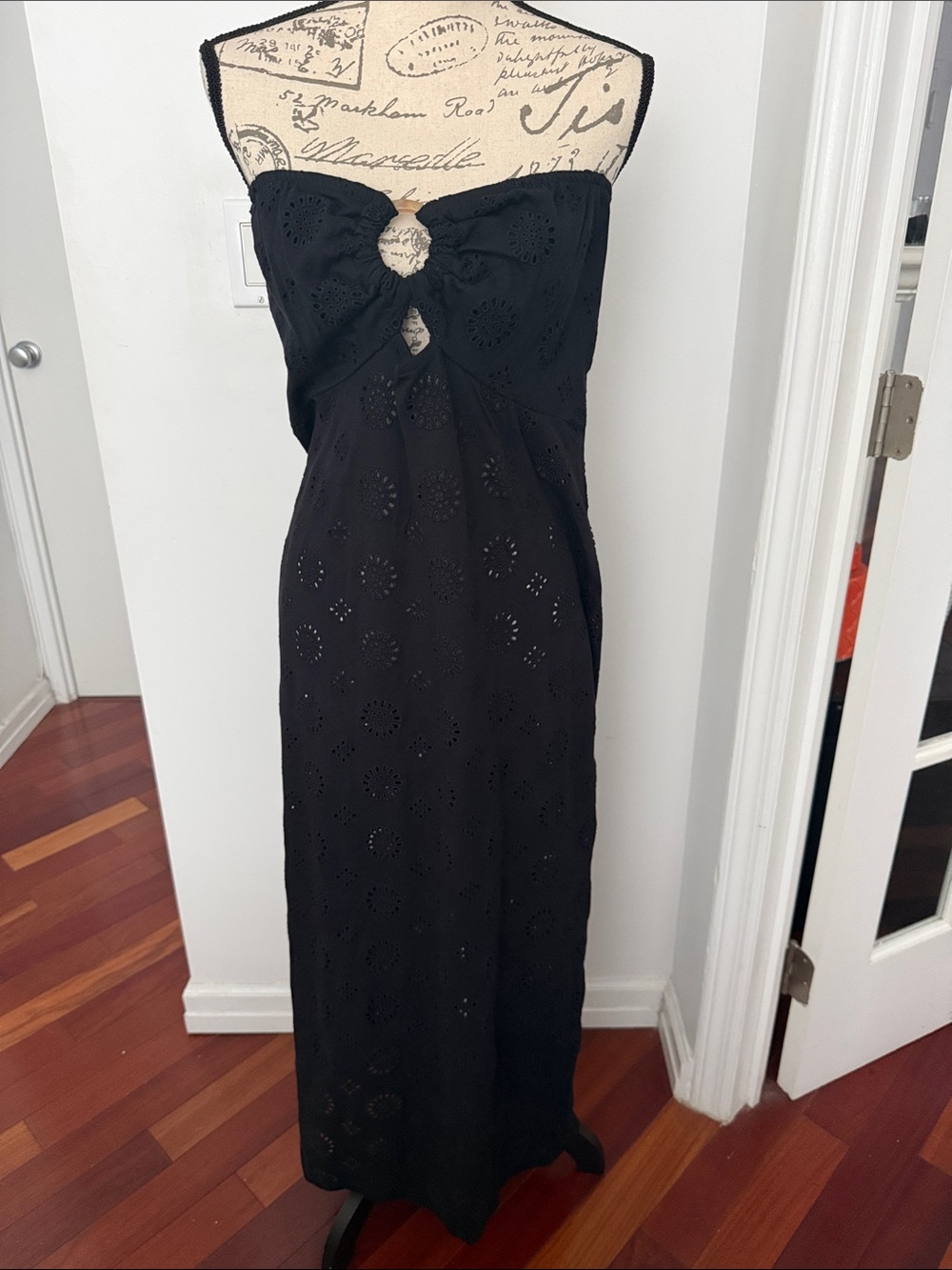 ASOS Black Strapless Eyelet Maxi Dress with Front Knot Detail